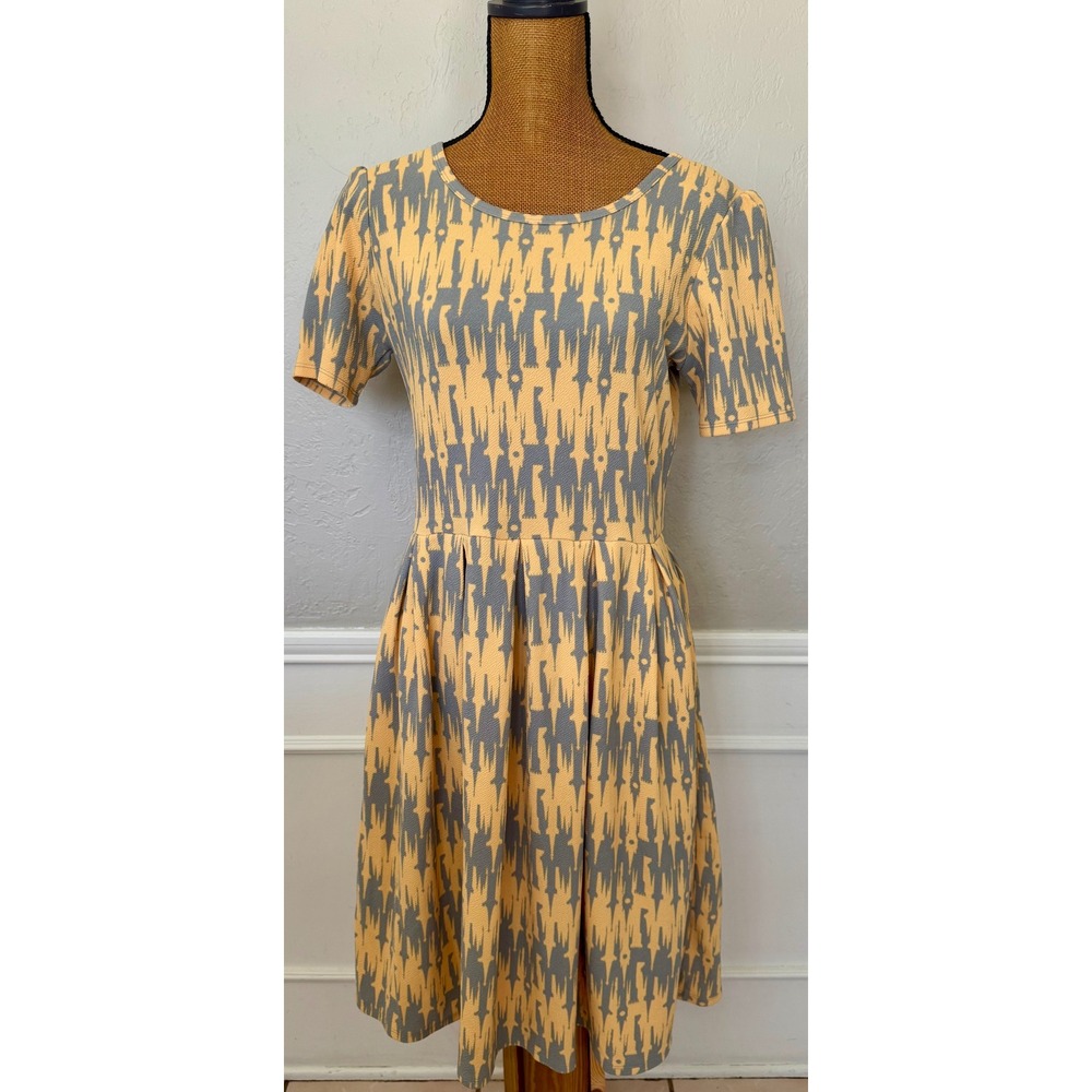 LuLaRoe Amelia Dress Womens Large Yellow Grey Geometric Ikat Short Sleeve